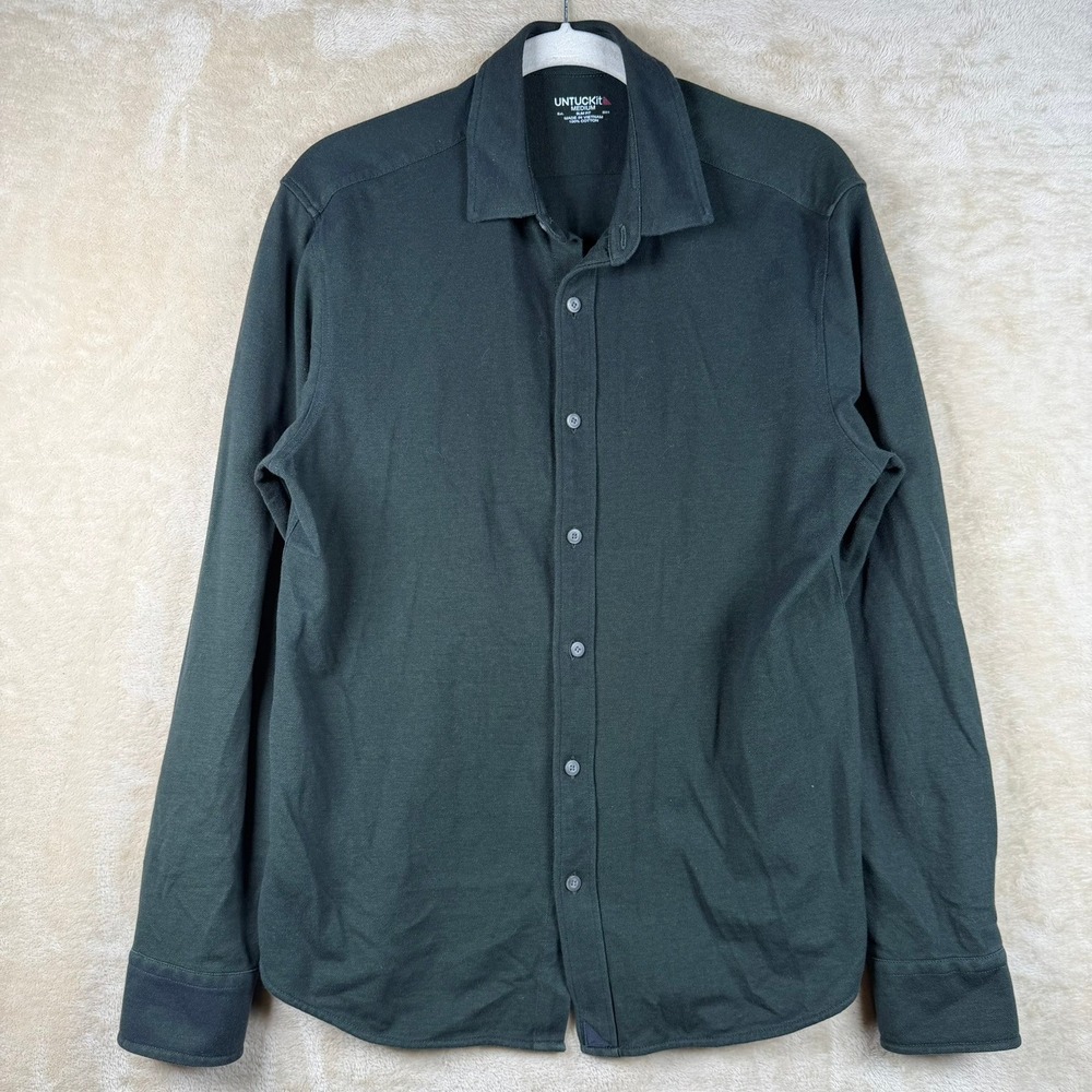 UNTUCKit Mens M Slim Fit Pique Knit Button Down Shirt Forest Green Long Sleeve‎